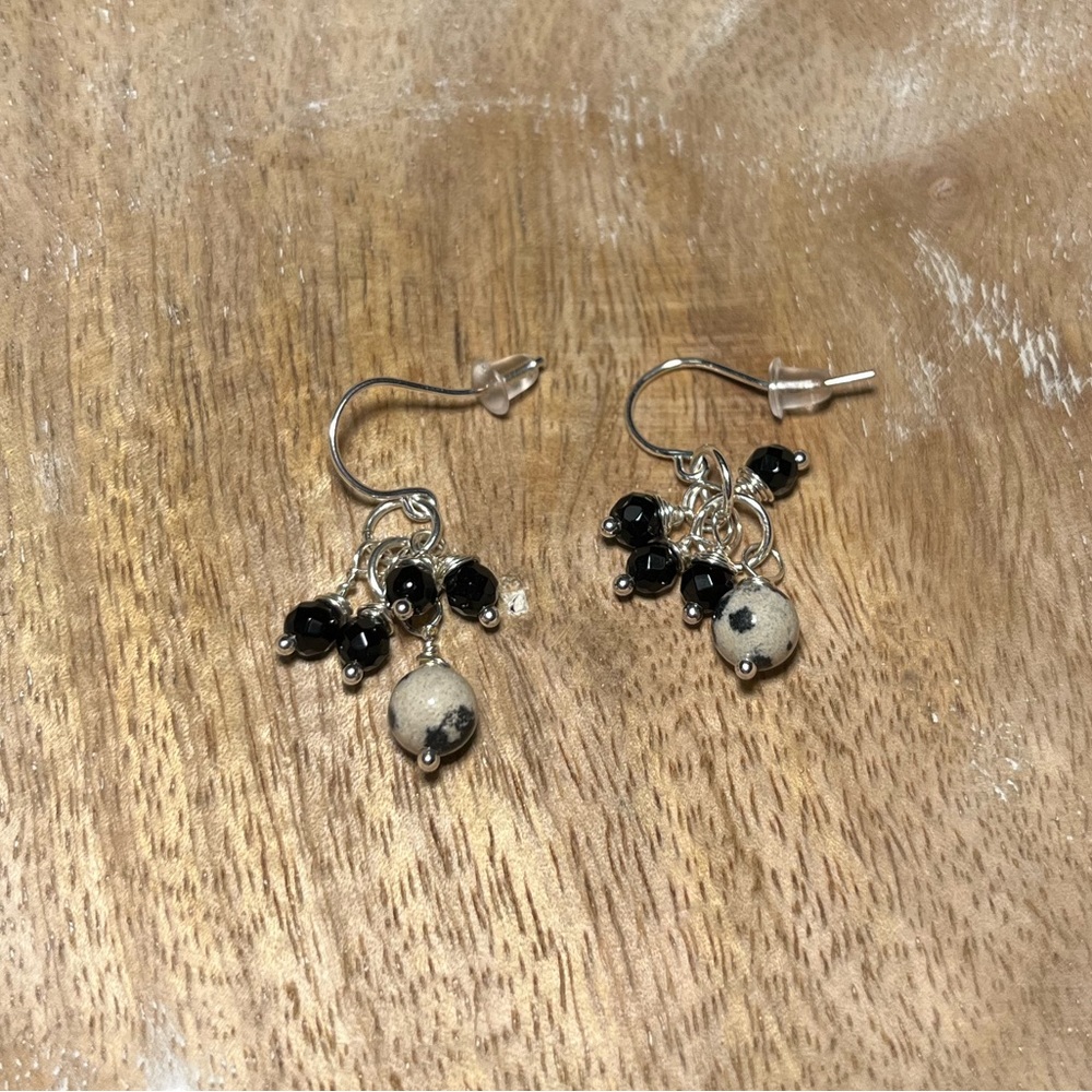 Dalmatian Jasper & Black Onyx 925 Sterling Silver Cluster Drop Dangle Earrings
